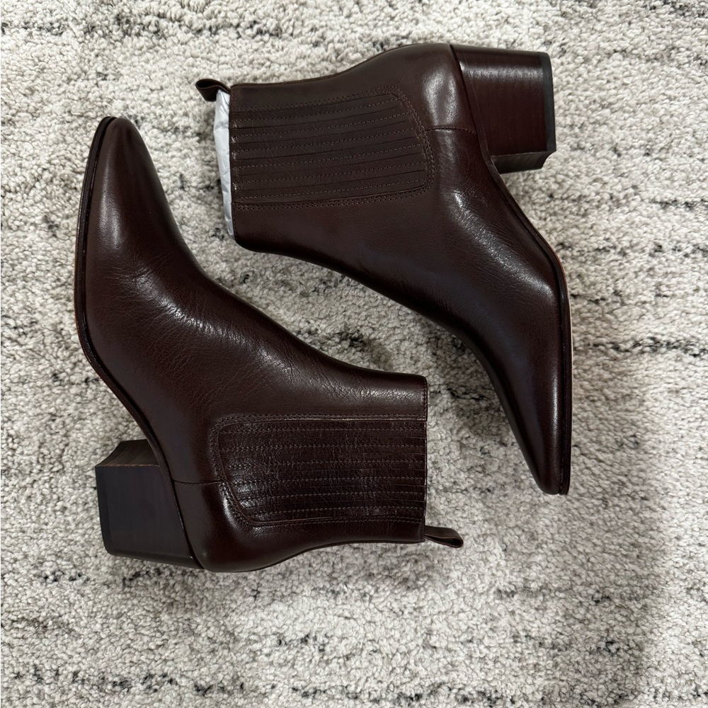 PAIGE Dark Brown Leather Pointed Toe Ankle Booties - Picture 1 of 5